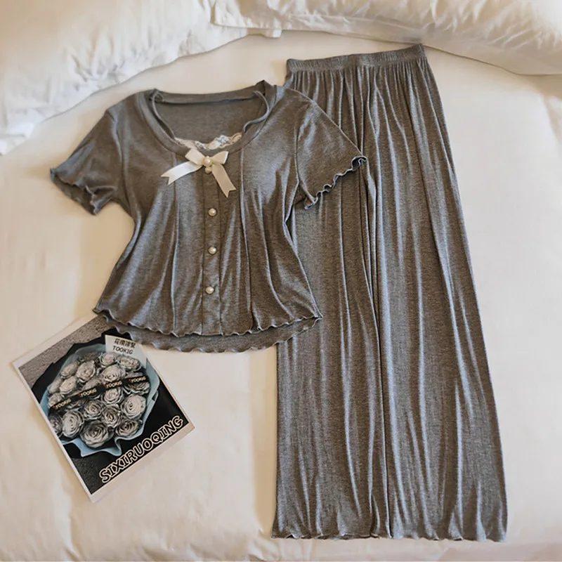

Summer Pajamas For Women New Elegant Modal Sleepwear Set Korean Bow Short Sleeve Trousers Sets Chest Pad Nightwear Home Suit