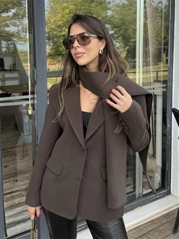 

Fashion Retro Solid Color Women's Coat with Scarf Casual Loose Turndown Collar Single Breasted Coats Women Windproof Outerwears