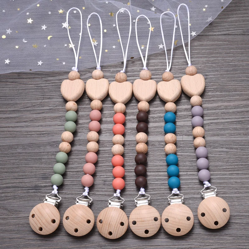 

Baby Beech Wood Pacifier Clips Heart Shape Wood Pacifier Chain Anti-Drop Silicone Dummy Nipple Holder Chain Teether Accessory