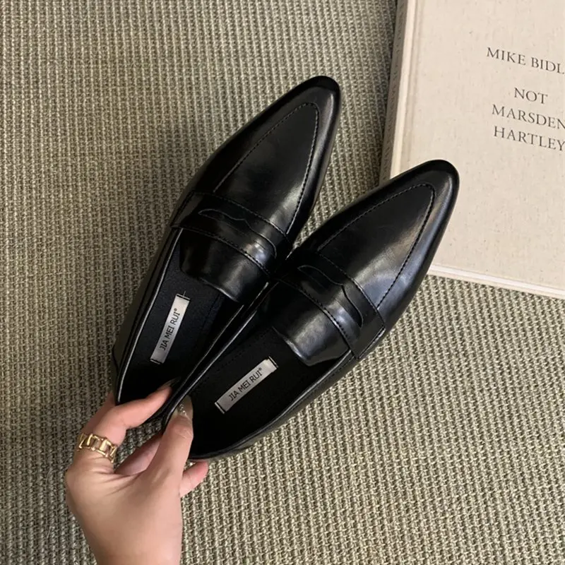 British Style Autumn Fashion Women\'s Shoes 2024 New Solid Color Pointed Toe Flats Decoration Slip-On Women Casual Loafers  Mujer