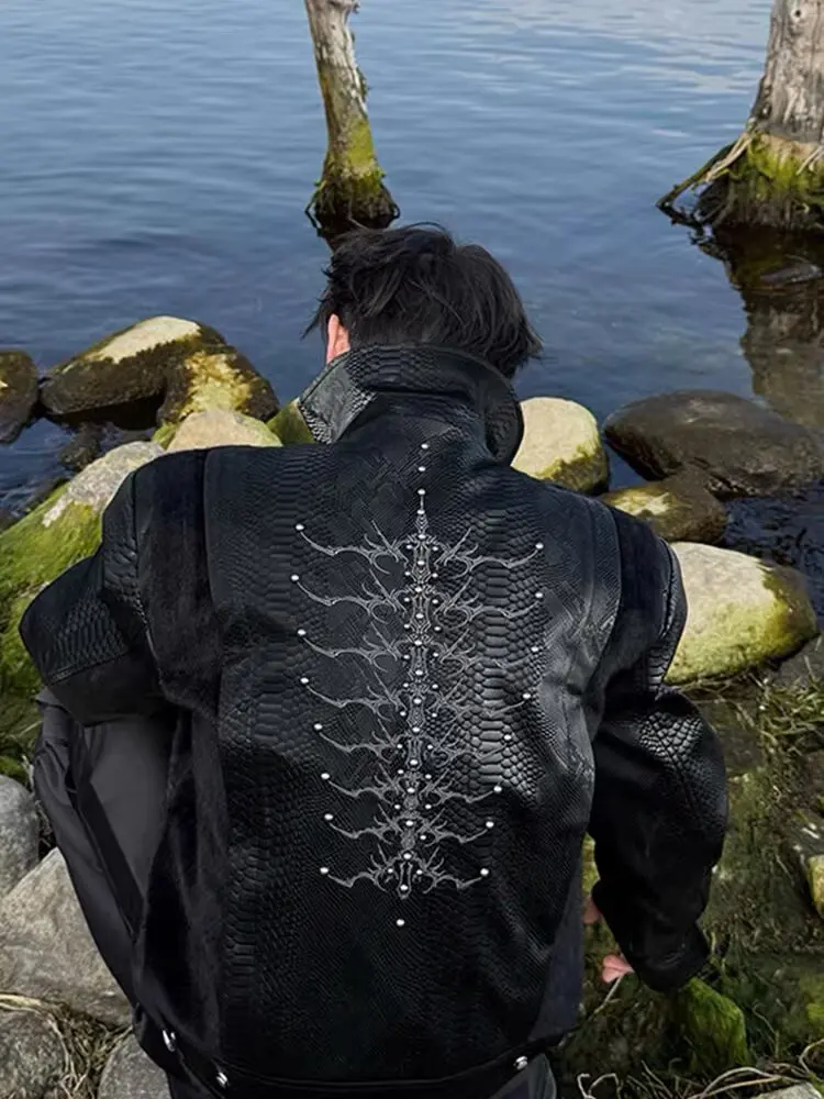 2025 New Pu Leather Patchwork Jacket Spine Snake Pattern Rivet Pu Jacket Autumn Streetwear Y2k Fashion Tops Men's Clothing