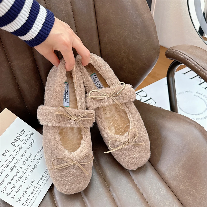 

Ballet Flat Shoes Women Fur Loafers Winter warm Slip on Flats Furry Slides butterfly knot Mary Jane Comfortable Zapatos De Mujer