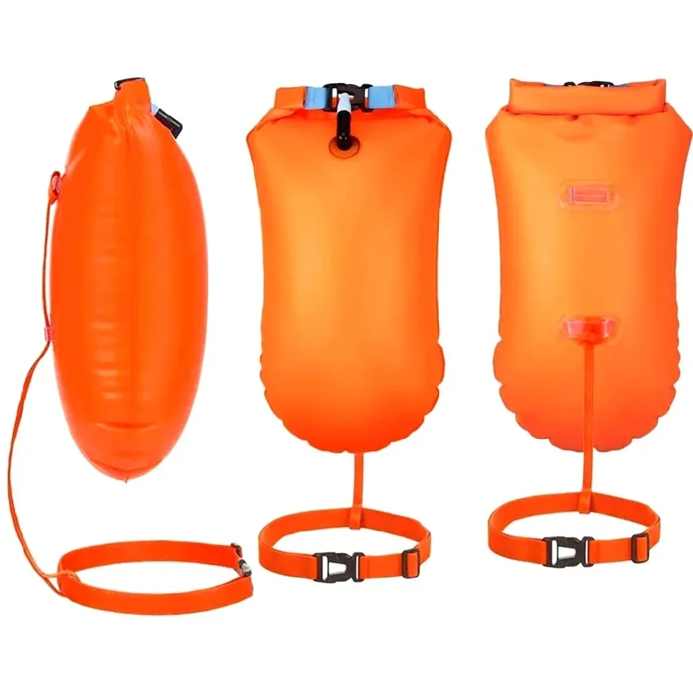 Inflatable Open Swimming Buoy Tow Float Dry Bag Double Air Bag with Waist Belt for Water Sport Swimming Storage Float Tools