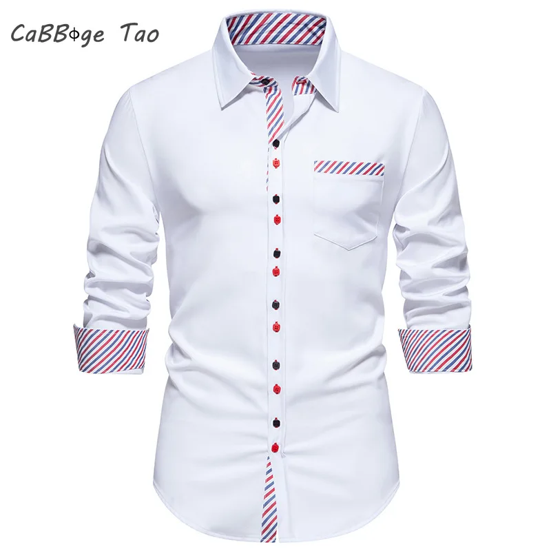 Spring New Men\'s Triangle Neck Stripe Colored Long Sleeved Comfortable Leisure and Refreshing Shirt Top