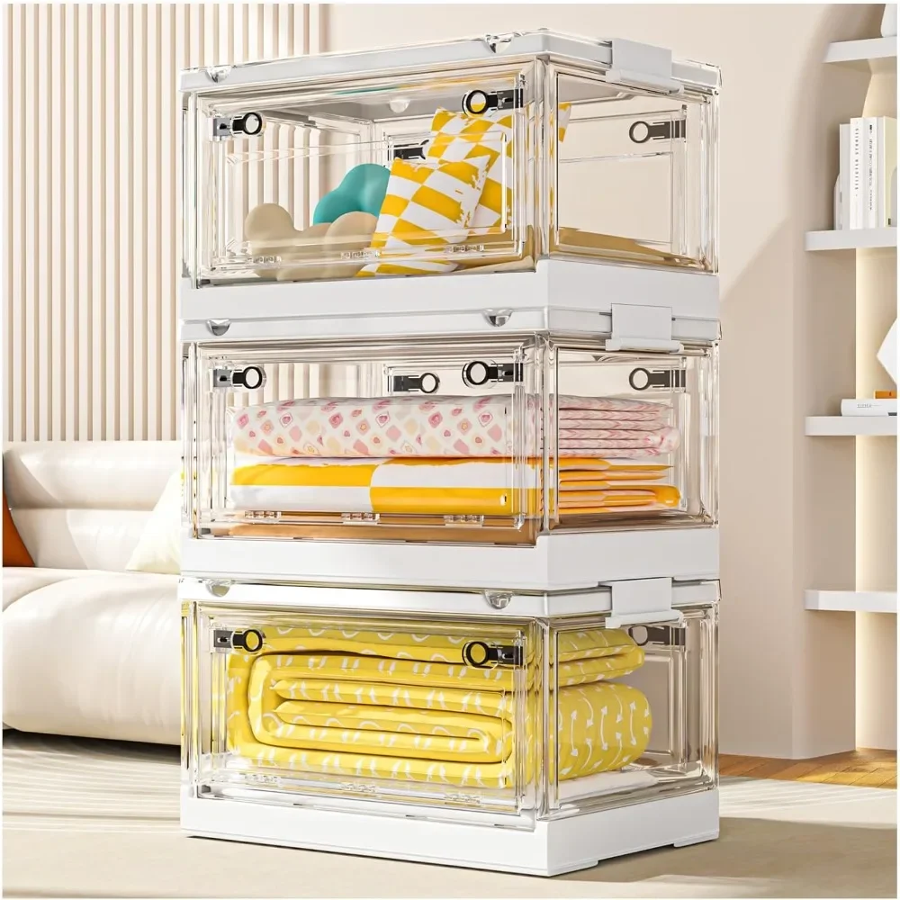 144QT Clear View Stackable Storage Bins with Lids, Collapsible Storage Bins with Doors and Wheels, Large Closet Organizers