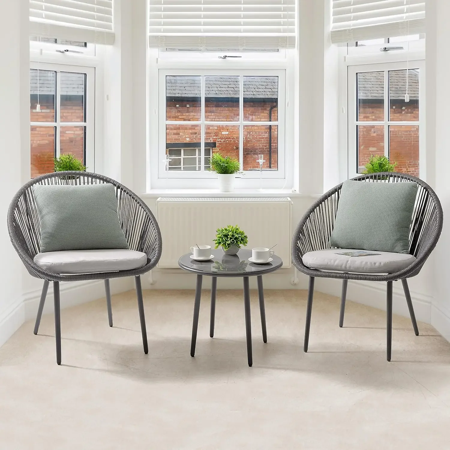 [Spedizione gratuita! ]Set da bistrot da esterno da 3 pezzi, set da patio per conversazione in corda intrecciata, sedie e tavolo per mobili da giardino per tutte le stagioni con