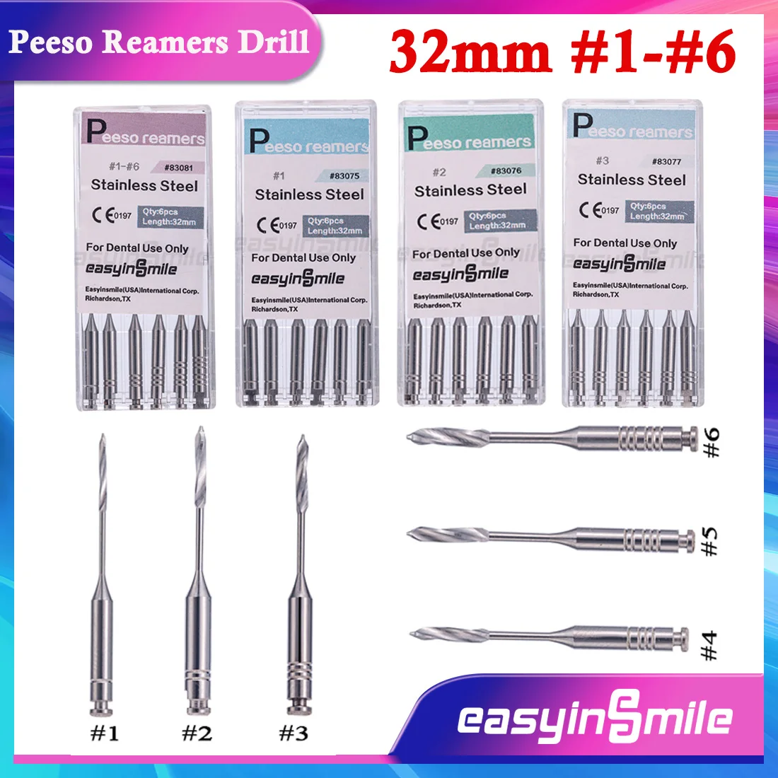 

EASYINSMILE 6Pcs Dental Endodontic Peeso Reamers Burs #1-#6 Stainless Steel Endo Root Canal Files Engine Use 32mm