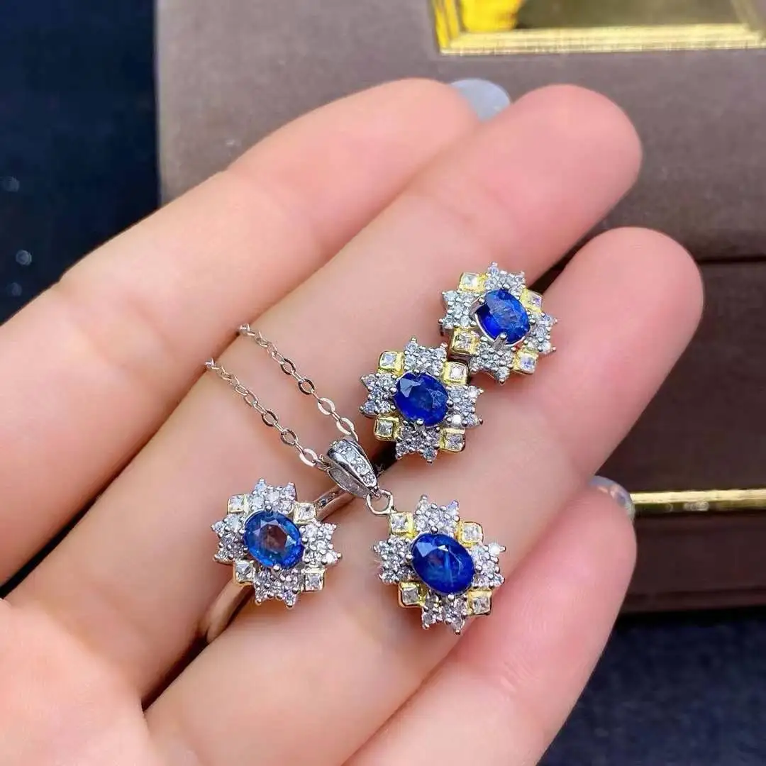 Natural Real Sapphire Set For Sale 925 Sterling Silver Classic Women Wedding Jewelry set 1pc ring,1pc pendant,2pcs earrings