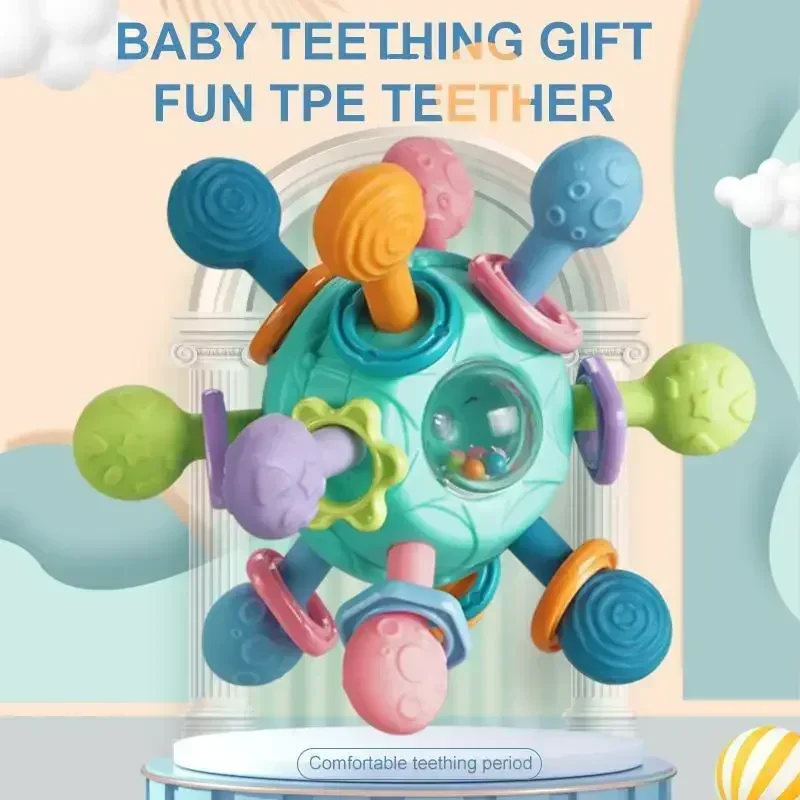 Palla da presa Baby Manhattan: massaggiagengive, sonaglio e giocattolo da presa in gomma morbida 3 in 1 per l'educazione precoce e il sollievo dalla dentizione