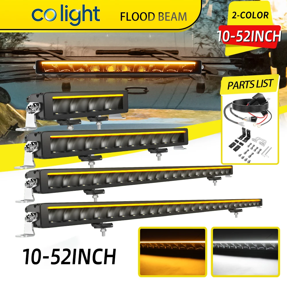 Barre lumineuse LED Colight 21 pouces à une seule rangée, 52 pouces, blanc-ambre, faisceau combiné bicolore, 12V 24V, 32 pouces, phare de travail tout-terrain avec faisceau de câblage pour camion, SUV, 4X4, ATV, UTV