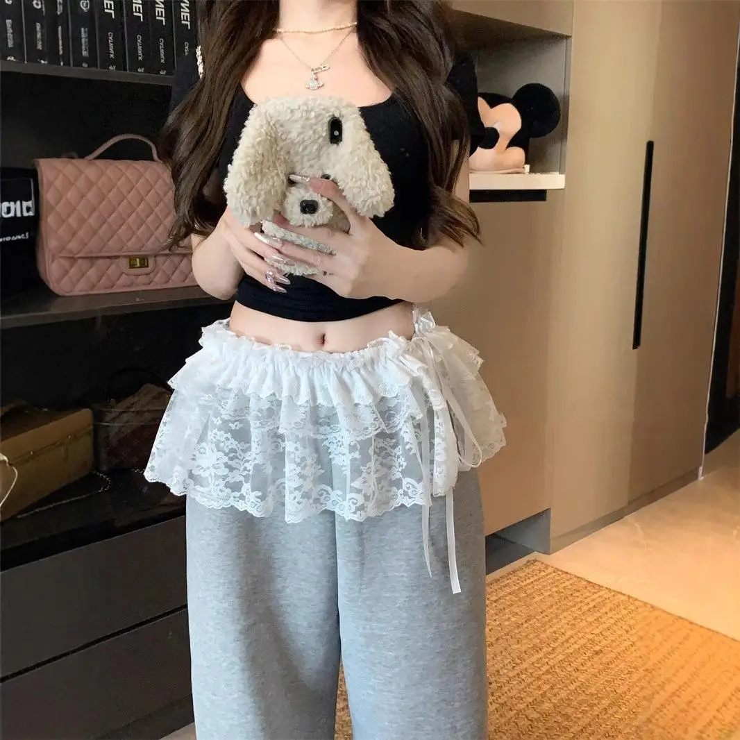 

Y2K Mini Skirts for Women Harajuku Aesthetic White Lace Tulle Skirts Lace-up High Waist Ruffled Faldas Matching Pants skirt