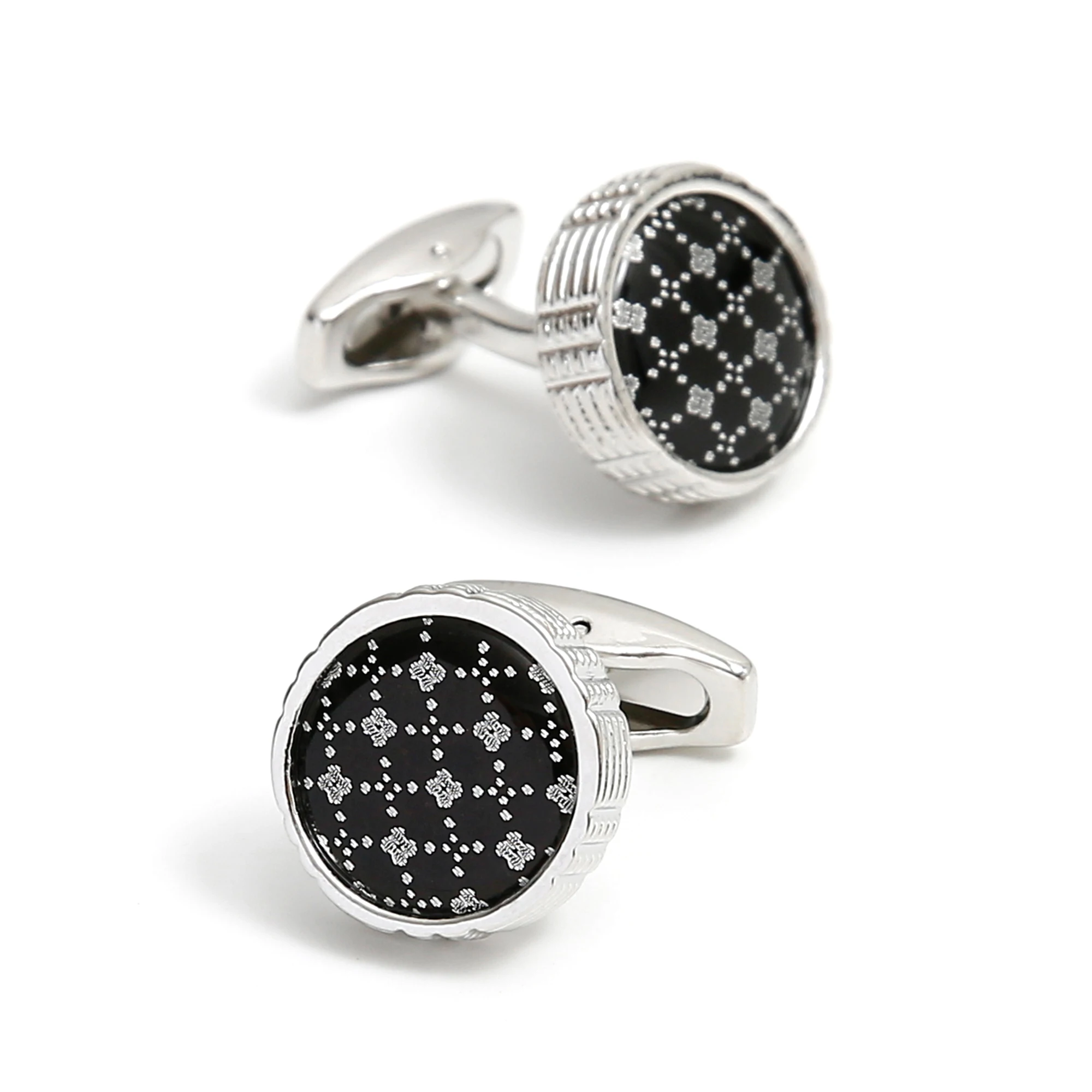 Men Cufflinks XK24017 Casual Black Background White Pattern Round Silver Color Formal Dress Shirt Cuff Links Jewelry