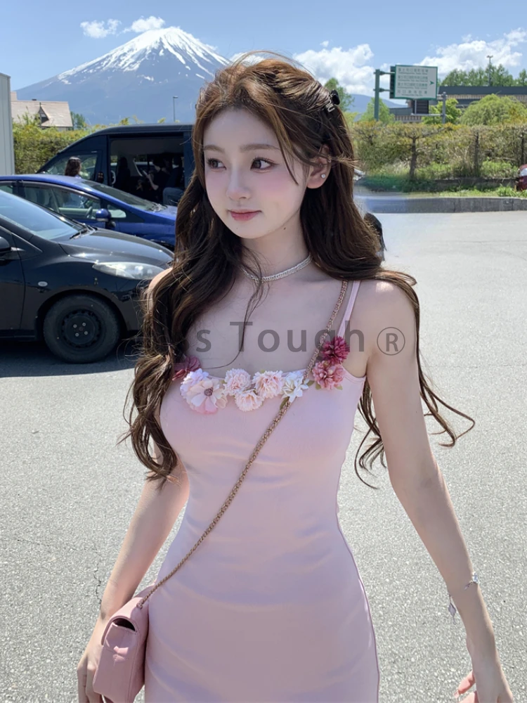 Pink Japanese Kawaii Sweet Mini Dress Women Floral Y2k Bodycon Vintage Short Party Dress Female Korea Fashion Casual Clothes New