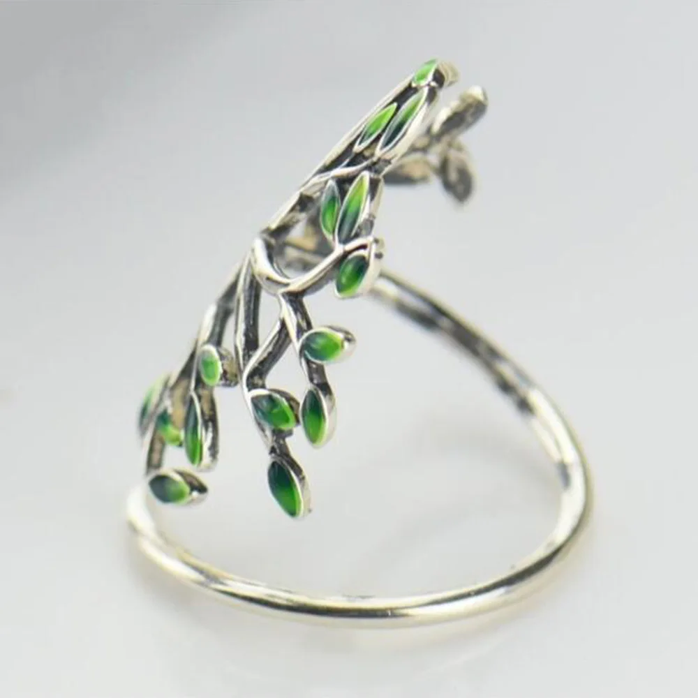 New Korean version small fresh, handmade drip glaze green leaf branch ring, fashionable open single ring adjustable