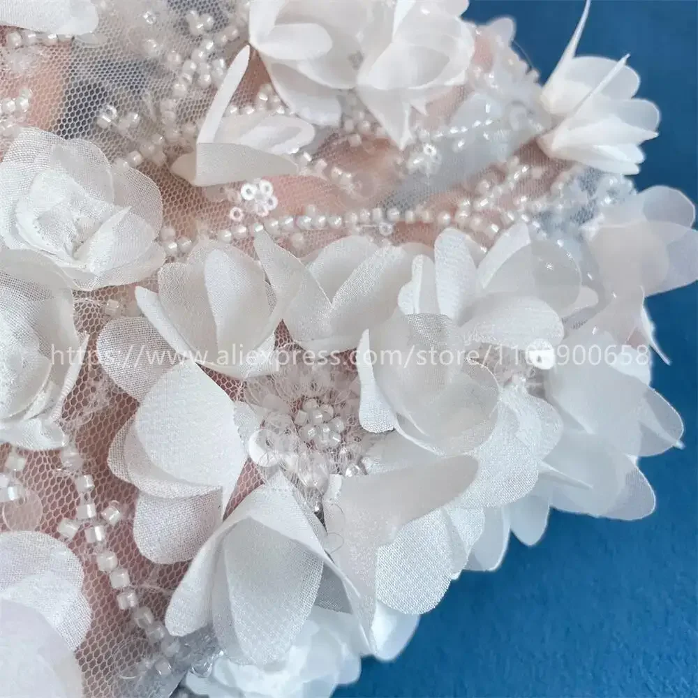 3D Beaded Embroidery Lace Fabric, Laser Chiffon Flowers Applique, Sewing Fabric for Wedding Dresses, Off White, High Quality