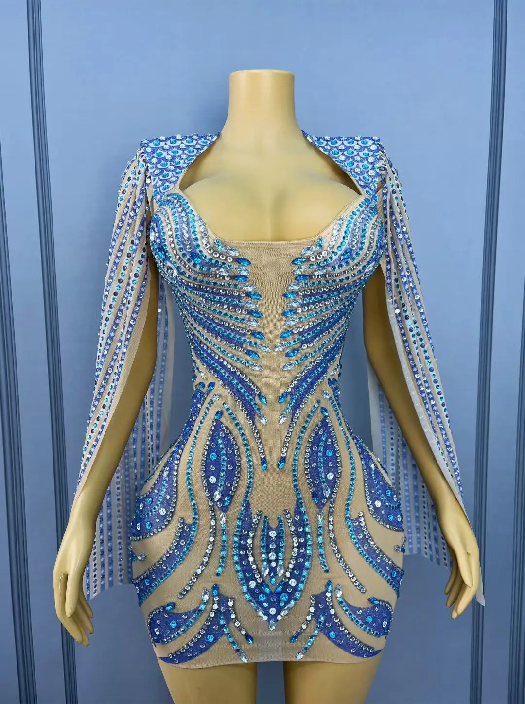 High-end prata azul strass vestido de cocktail brilhante apertado encaixe pura malha mini vestido de baile vestido de noite mostrar roupa lanmao