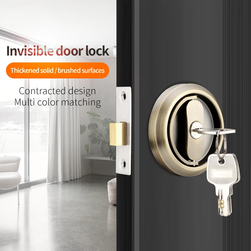 1Pcs Invisible Door Lock With Key Indoor Household Door Anti-theft Single Double-Sided Round Lock Stainless Safety Door Locks