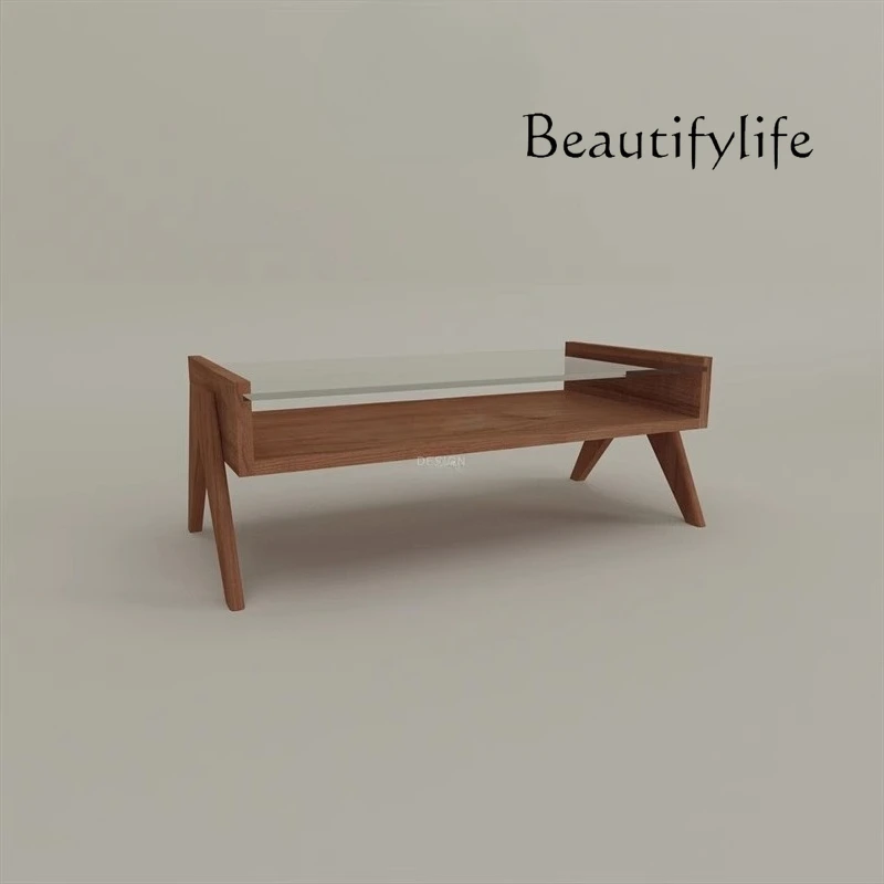 

Ash solid wood short coffee table glass office new Chinese zen tea table living room small apartment
