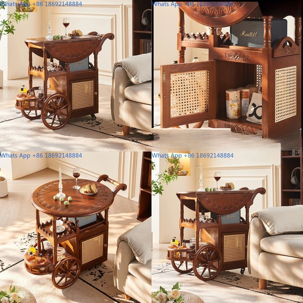

French Style Solid Wood Wine Cart Rolling Trolley Coffee Table Vintage Foldable Mobile Side Table for Home Use