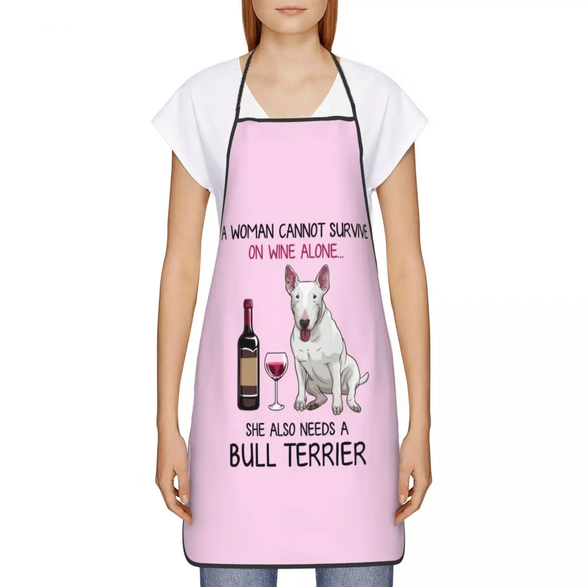 Unisex Bull Terrier And Wine Funny Dog Bib Apron Women Men Chef Tablier Cuisine for Kitchen Cooking Pet Puppy Lover Painting