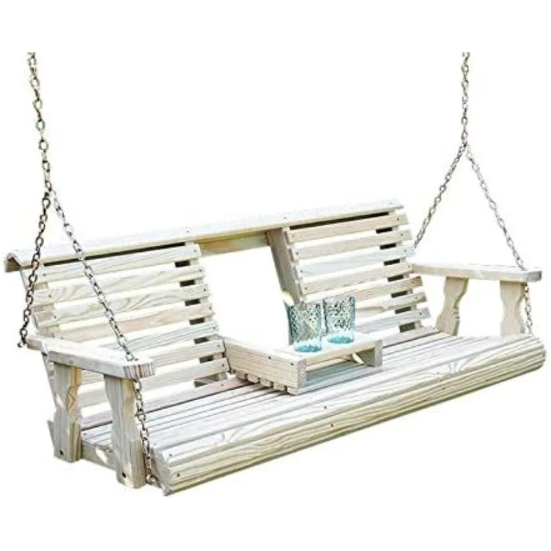 

Amish Heavy Duty Console Porch Swing with Fold Down Cup Holders in Unfinished - Amish Made in The USA from Treated Pine