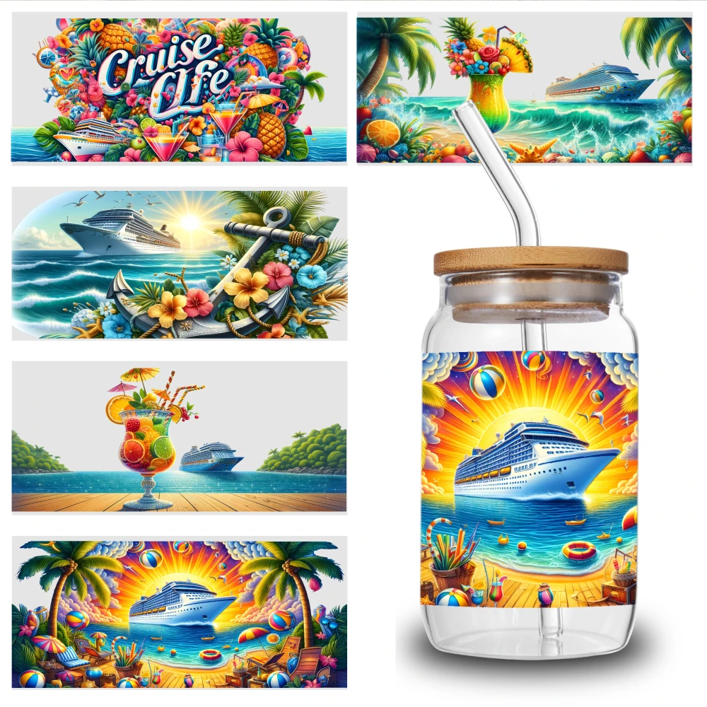 5 Sheets Cruise Sunset Ocean Ship Palm Beach Cocktail Anchor Sunlight Waves Island Paradise UV DTF Stickers Suitable for 16 oz