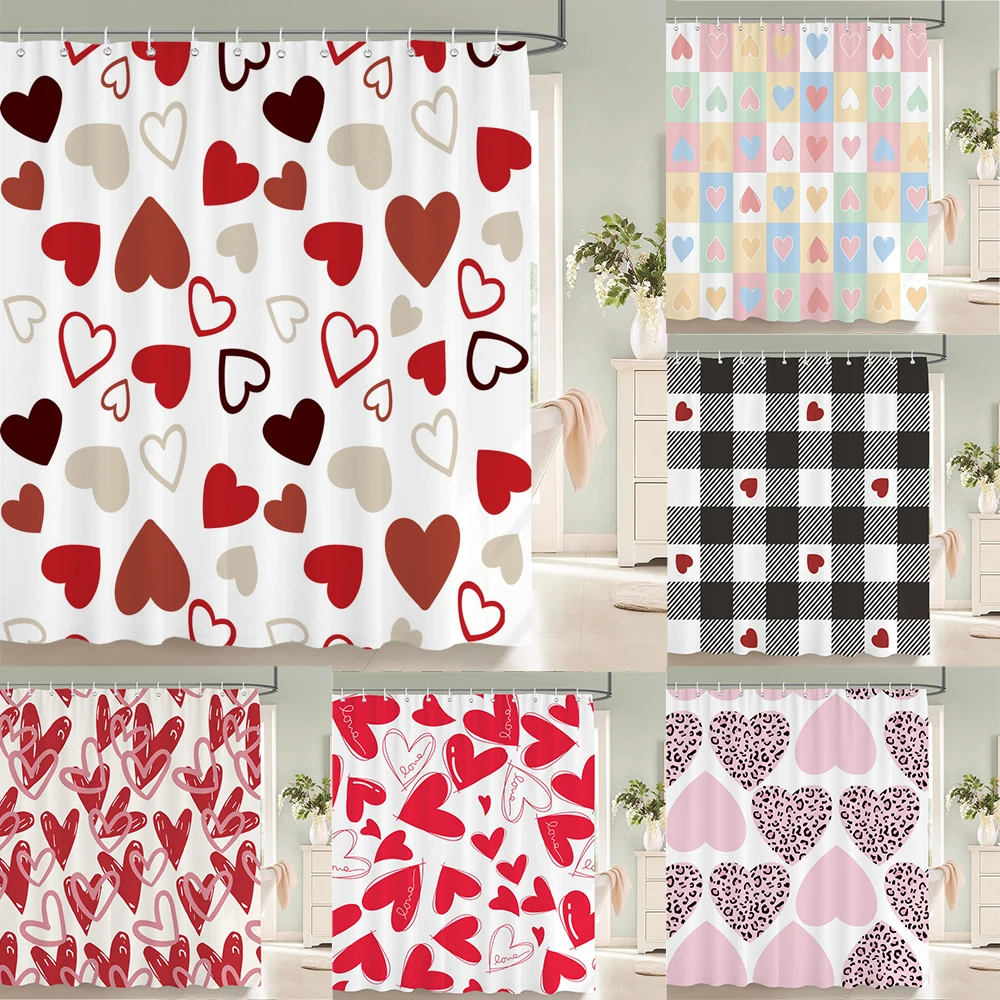 

Modern Nordic Love Pattern Shower Curtain Print Pink Romantic valentine's day Polyster Home Decor Bathroom Curtain with Hooks