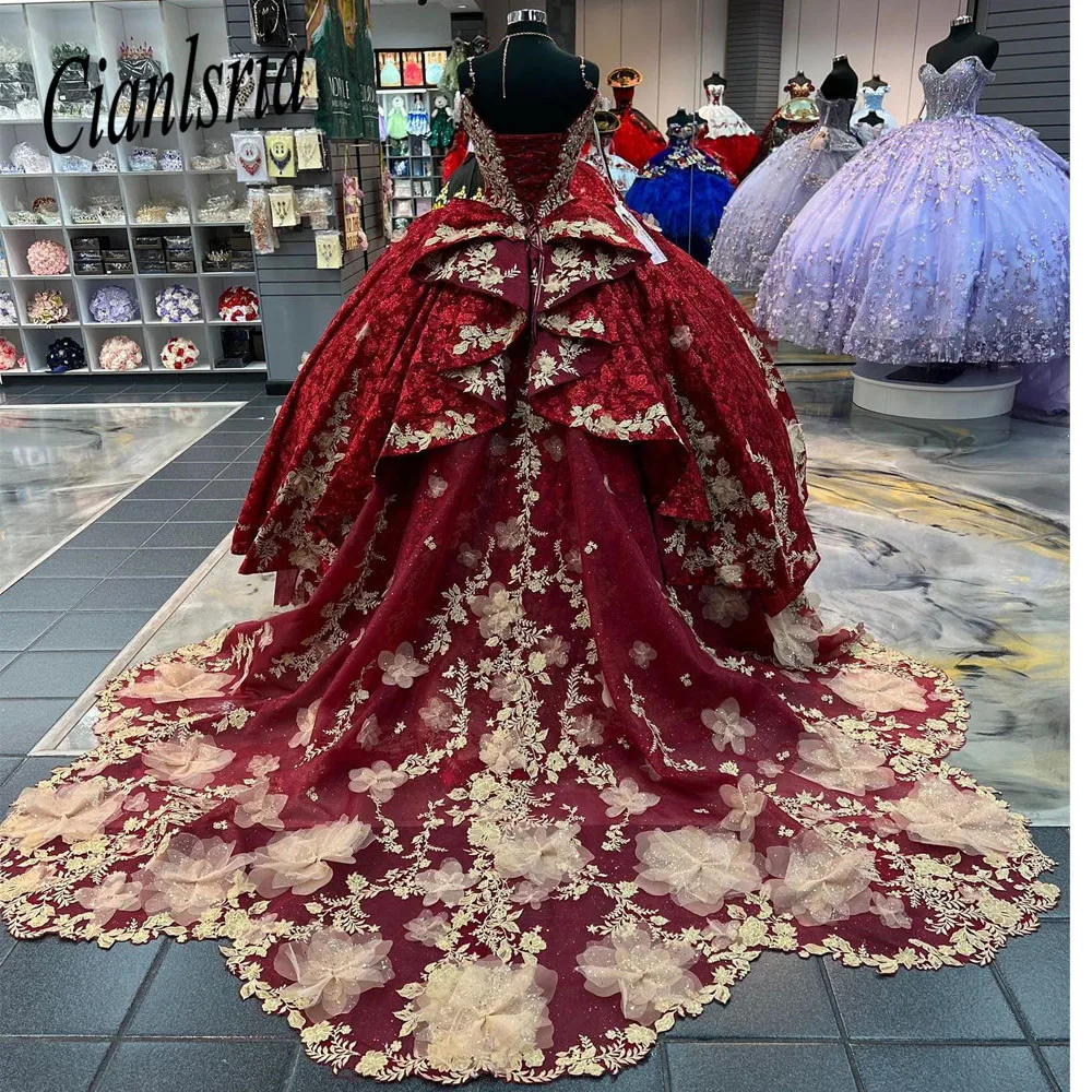 Robes de Quinceanera bordeaux à fleurs, robe de Rhen tulle perlé, robe de train court à lacets, appliques initiées, 2023