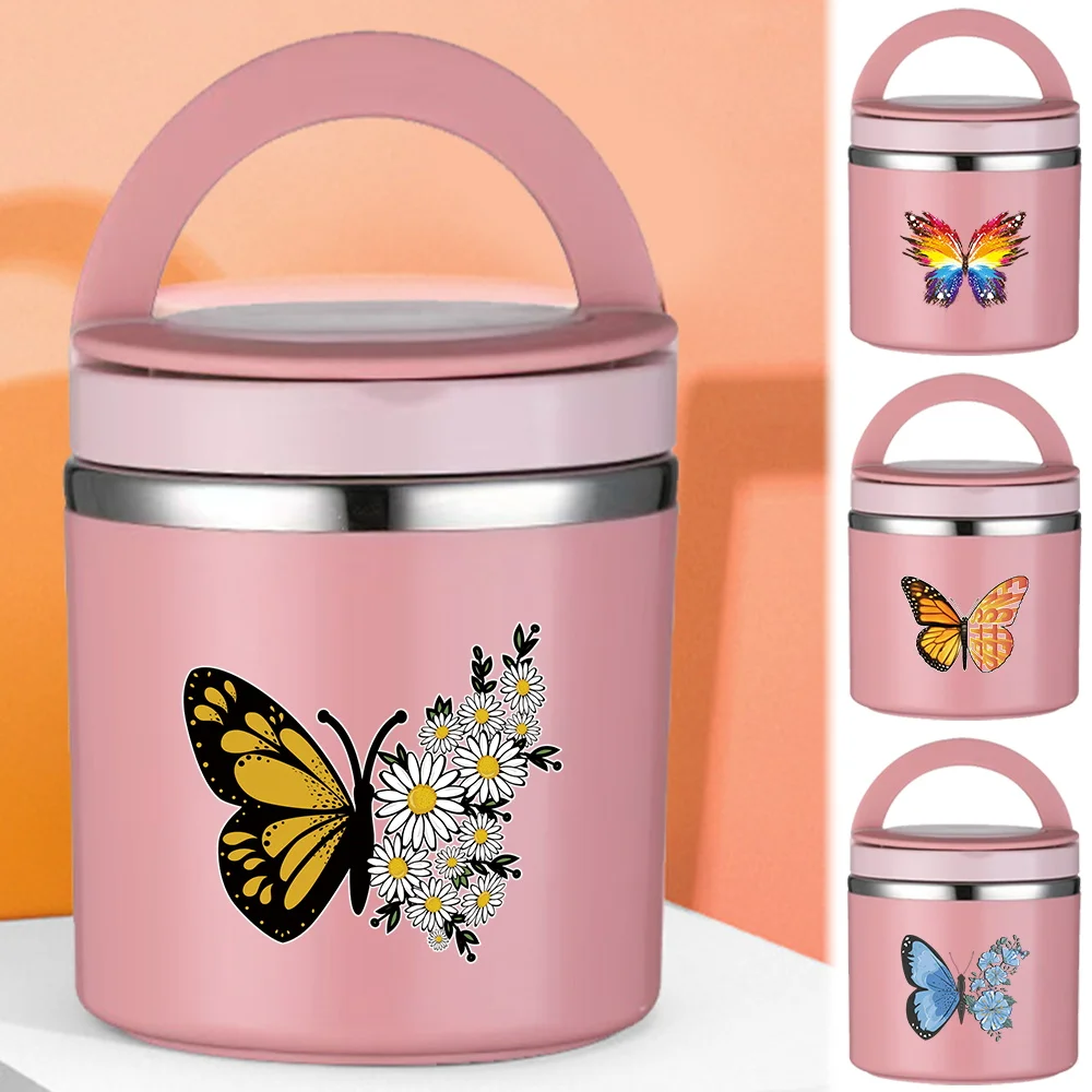 

Unisex Thermal Jar Insulated Soup Cup Children Students Butterfly Pattern Office Bento Box Single Layer Picnic Storage Lunch Box