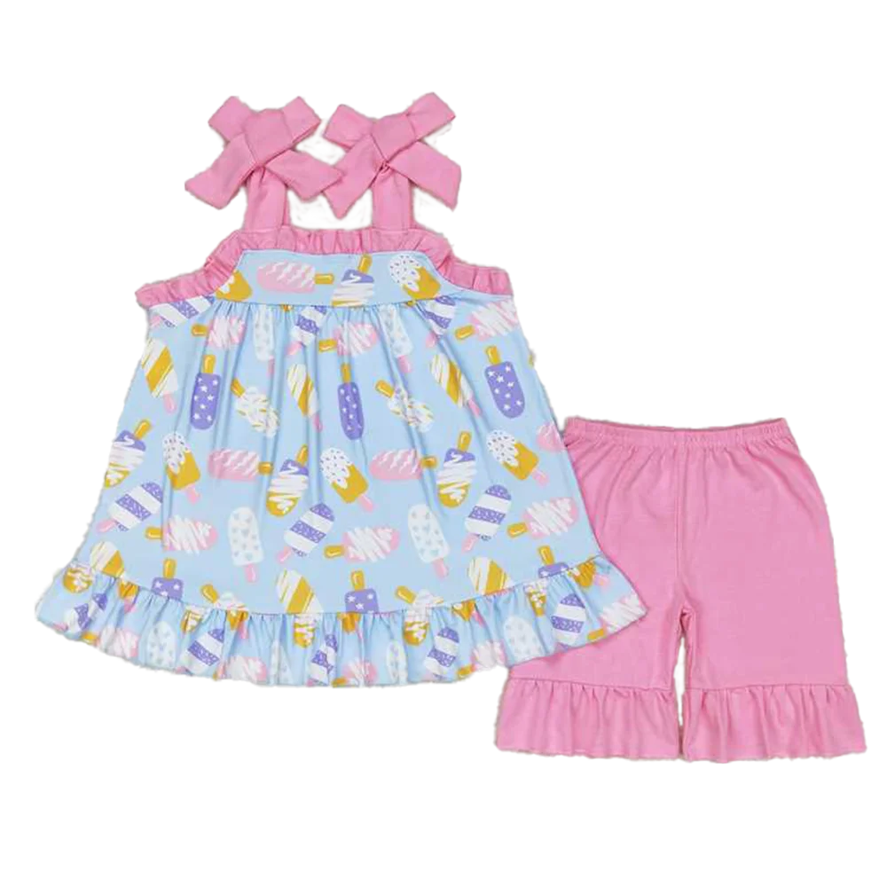 

GSSO1037 Baby Girls Popsicle Straps Tunic Ruffle Shorts Clothes Sets