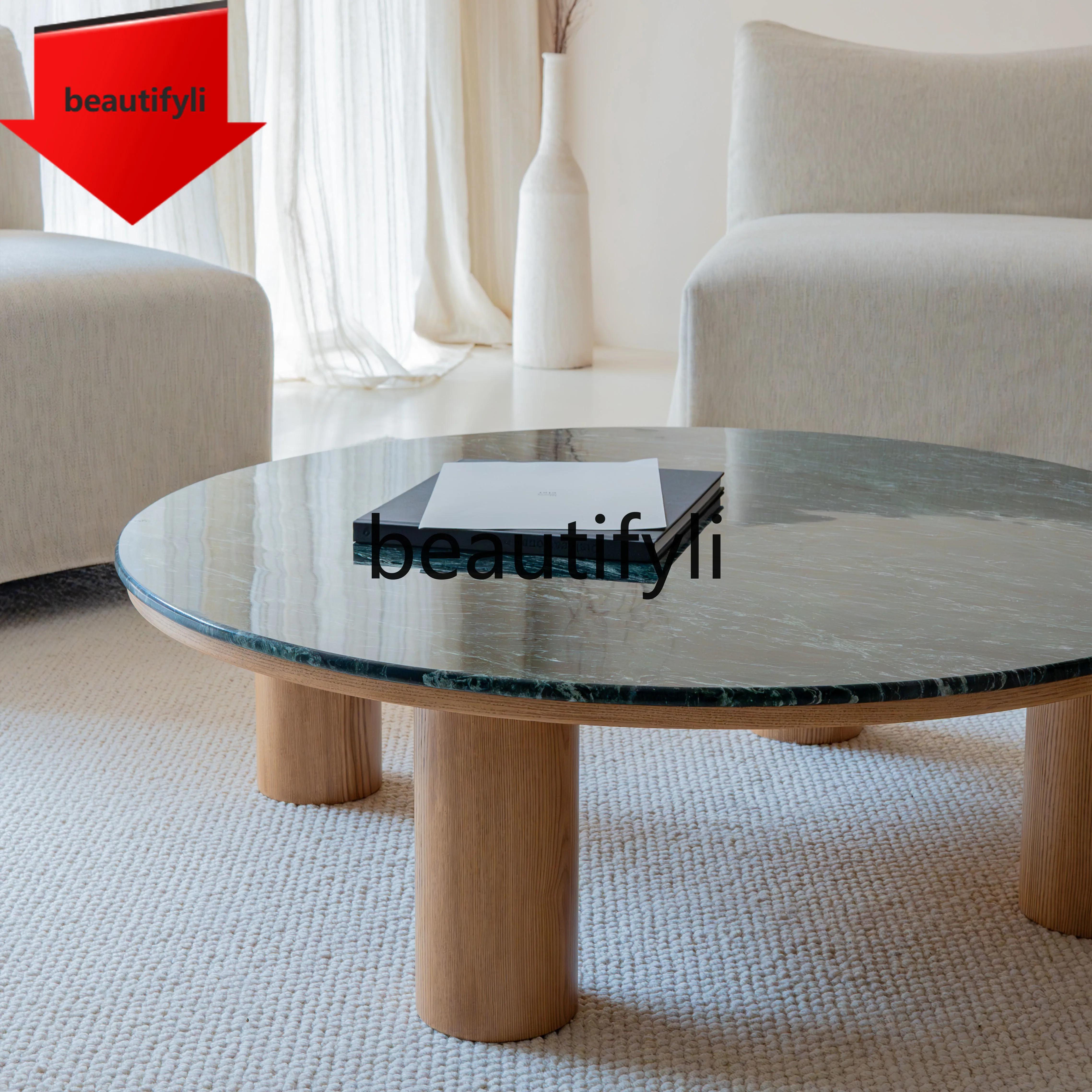 

A16 Wabi-Sabi Style Round Marble Tea Table Vintage Luxury Stone Round Table for Home Use