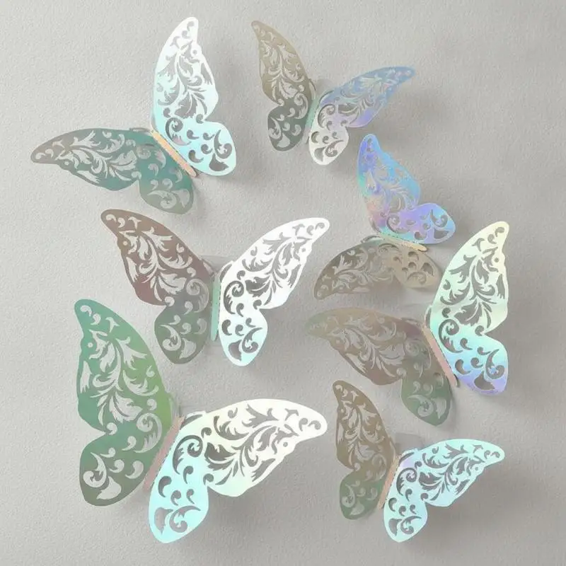 12 Stück Holographische 3D-Schmetterlings-Wandaufkleber, Hohl Geschnitzte Irisierend Glänzende Sticker für Heimdekoration, Kinderzimmer, Hochzeit, Party – Detail 11