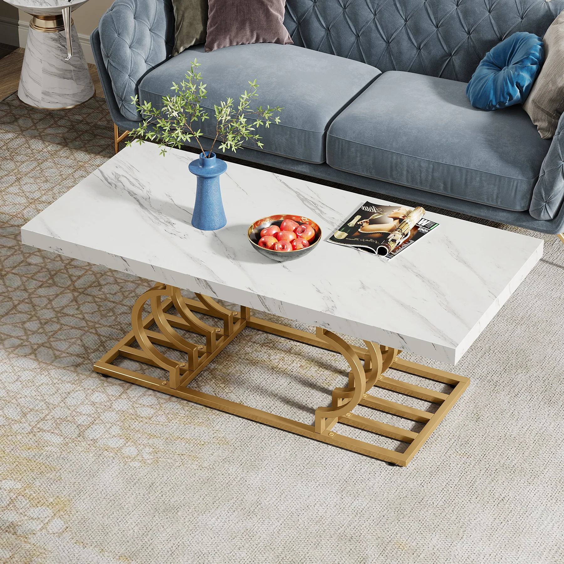 Tribesigns Coffee Table 47 inches Faux Marble Cocktail Table with Geometric Frame