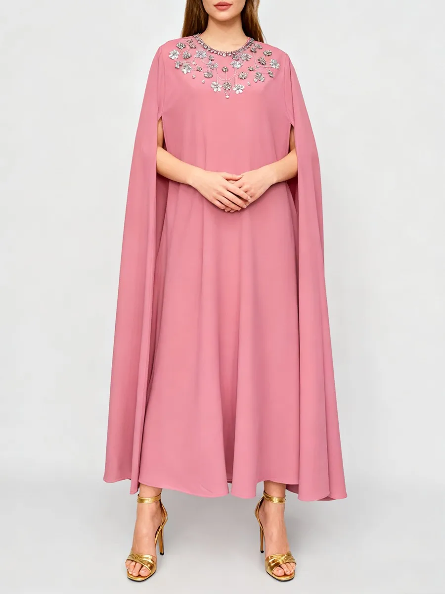 TWOTWINSTYLE Solid Loose Spliced Bead Temperament Long Dresses for Women Round Neck Sleeveless Elegant Dress Female Clothing New