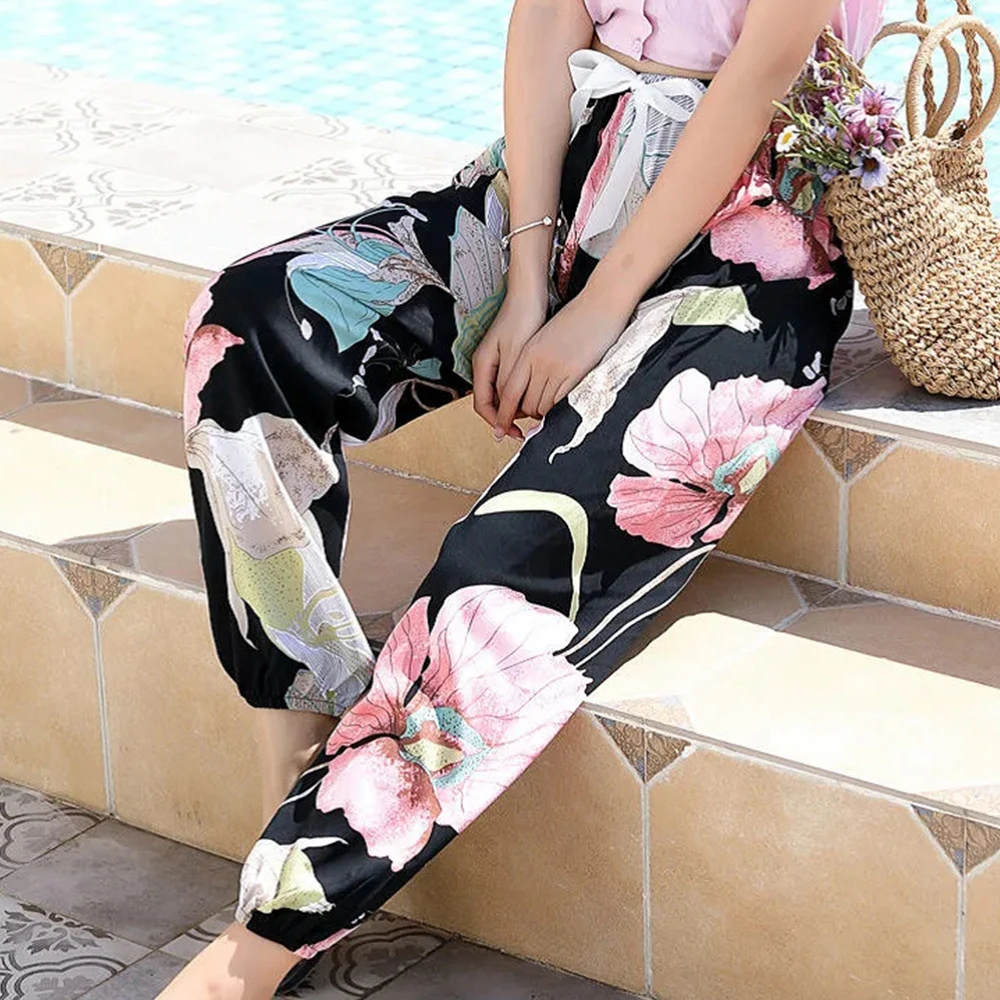 Women Floral Pants Summer Spring Boho Style Sleepwear Wide Leg Pants High Waist Casual Female Calf-Length Clothes Loose Trousers