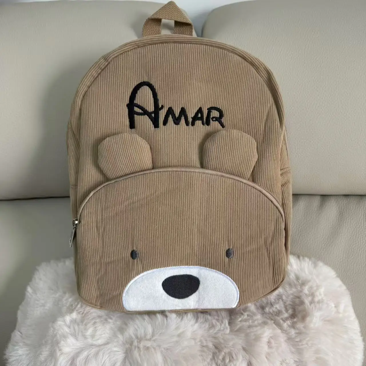 

Customized Name Toddler Backpack Cartoon Bear Corduroy Large Capacity Backpack Embroidered Name Backpack Plush Bag