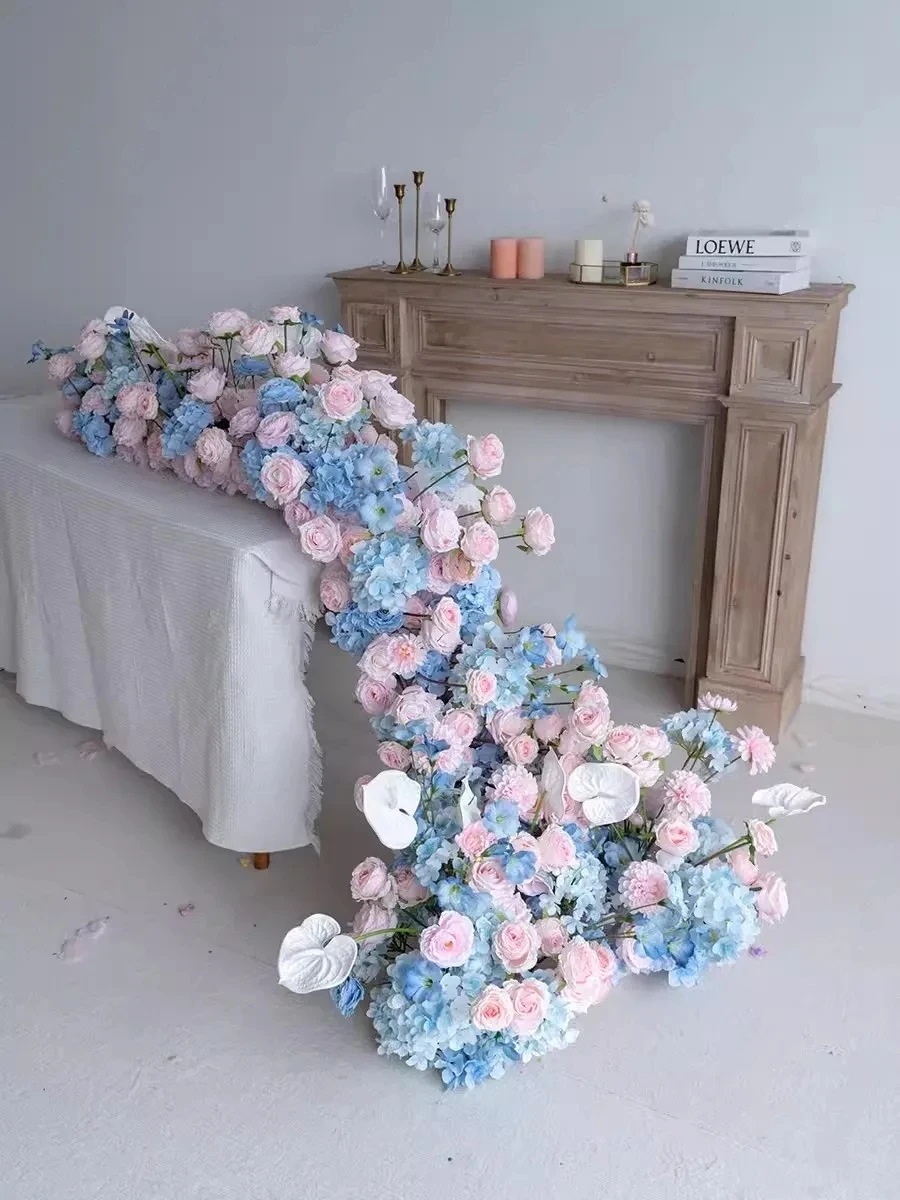 

Blue Pink Wedding Backdrop Artificial Flower Runner Decor Floral Arrangement Aisle Floor Flower Ball Window Display Party Props