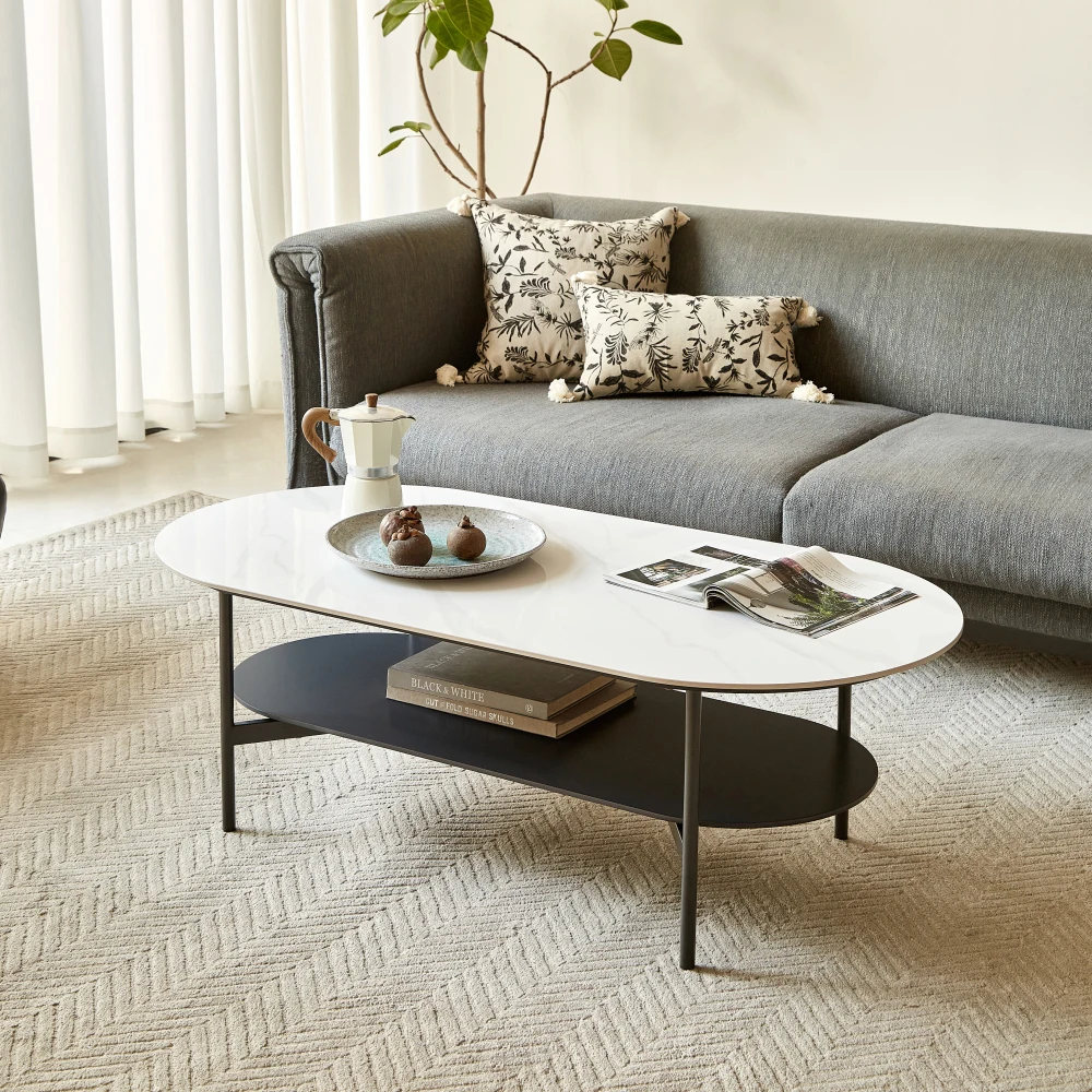 

Ceramic Coffee Table/End Table, MDF Painting Double Layer Coffee Table for Living Room, White Ceramic and Coffee Brown Base