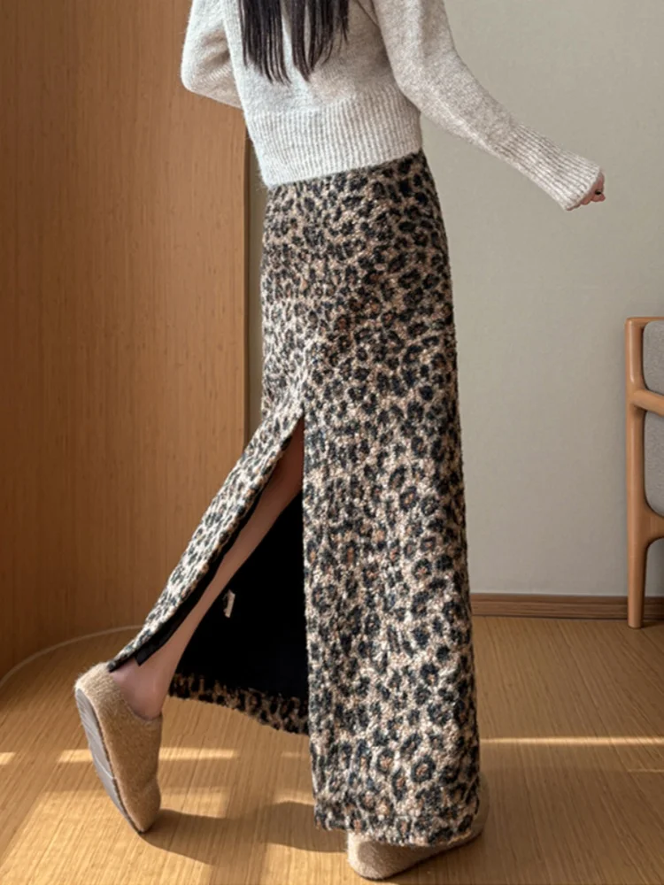 جديد الشتاء الرجعية ليوبارد طباعة سميكة ميدي تنورة للنساء عالية الخصر التخسيس سبليت المألوف الصوف مستقيم ألف خط تنورة #3