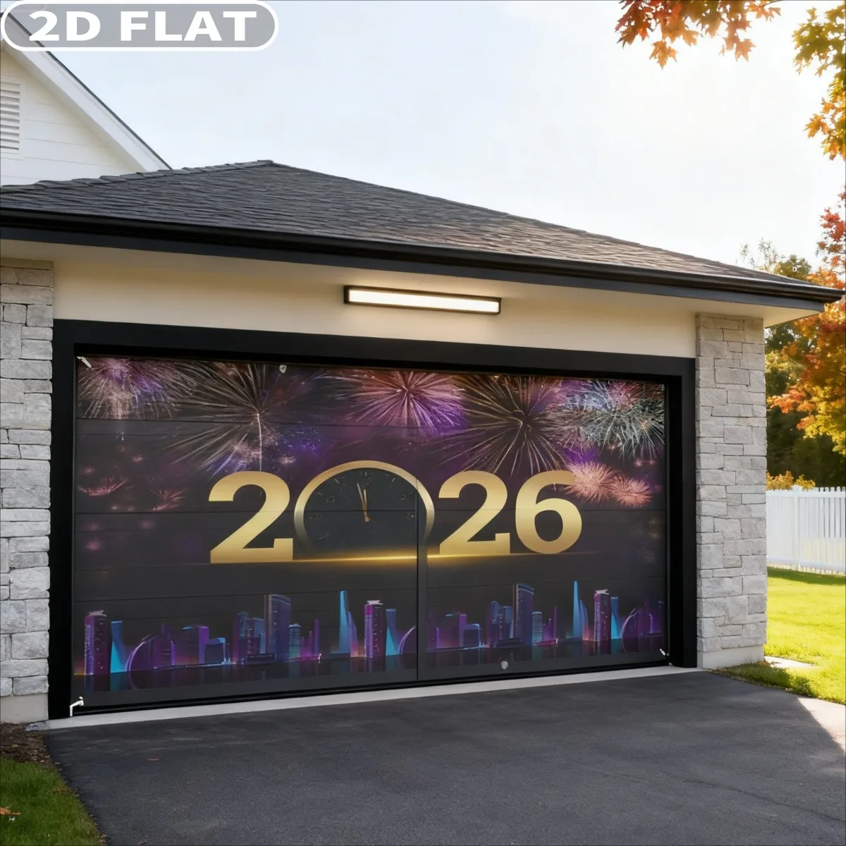 

1pc 6x13ft New Year 2026 Garage 2D FLAT Door Banner Decor, Large Polyester Beautiful Gold Garage Door Cover Banner, NYE Backdrop