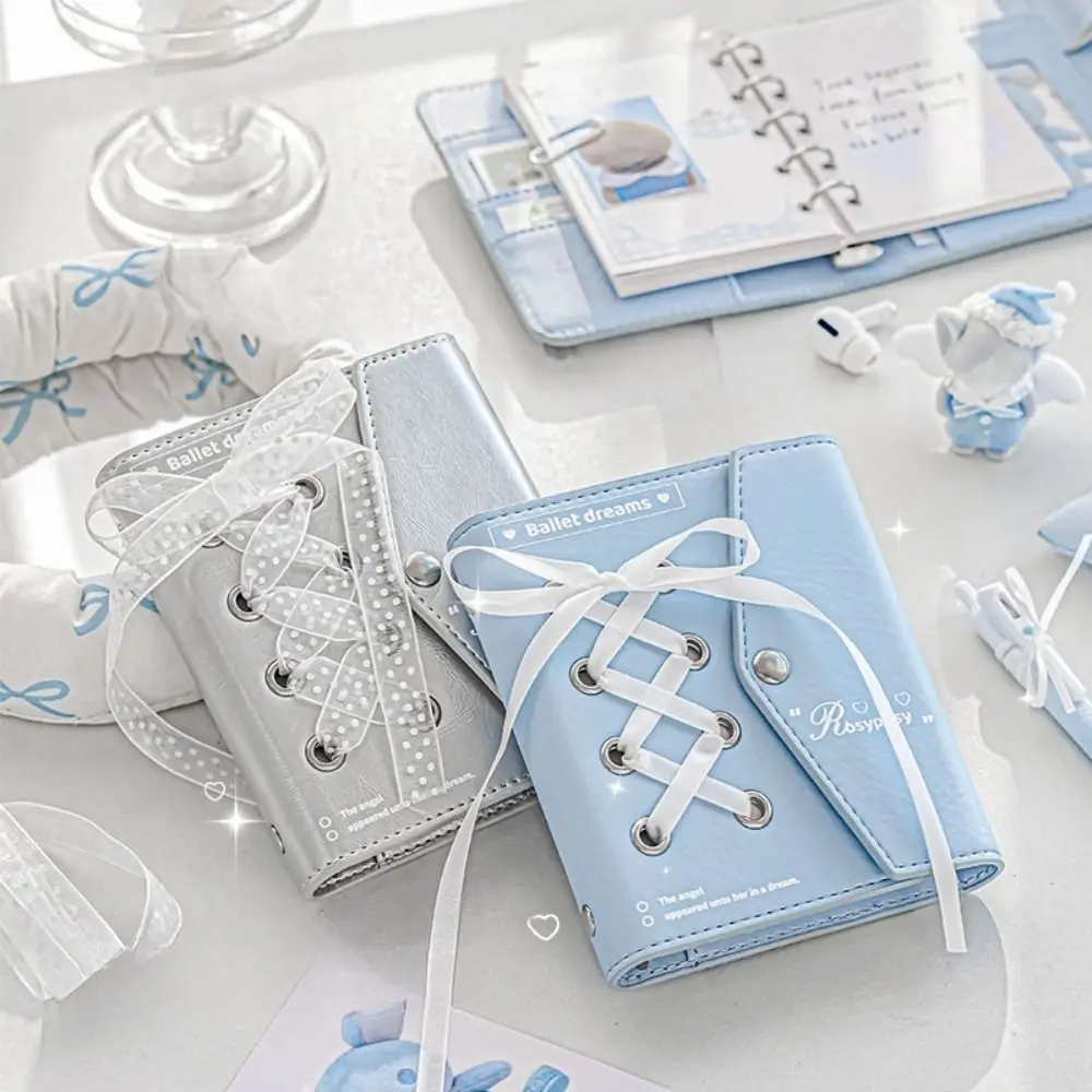 

Learn Ledger Ribbon Loose-leaf Notebook PU Leahter Portable Hand Ledger Binder Mini Bow Pocket Book Kids Gift