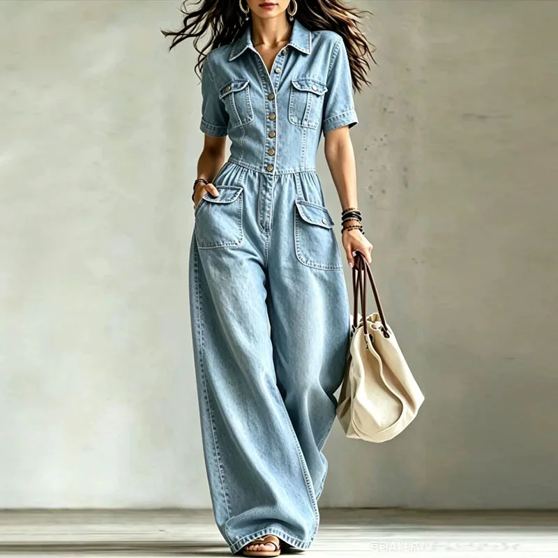 Casual Lapel Collar Short Sleeve Denim Jumpsuit Lady Summer Loose Solid Romper Pockets Button Wide Leg Trousers One Piece Outfit