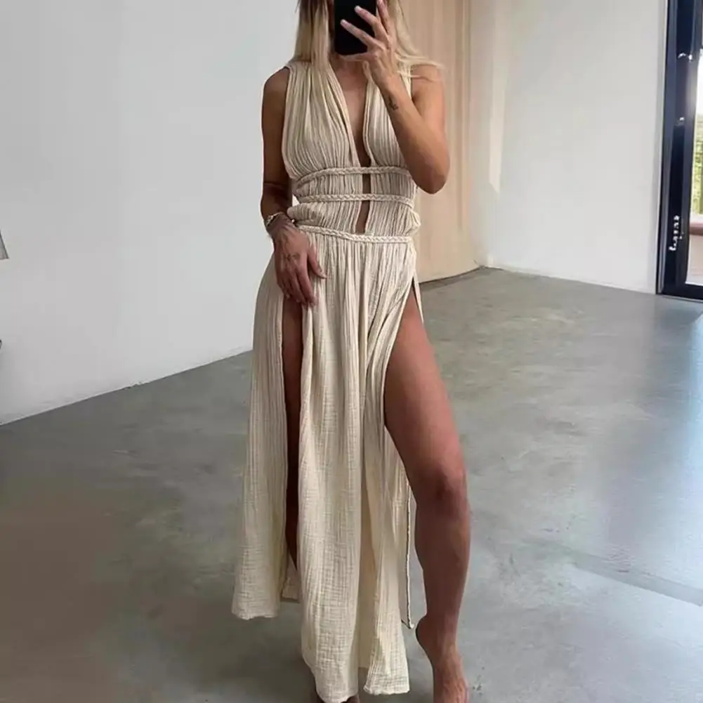 

Summer Long Dress Deep V Neck Sleeveless Lace-up Belted Waist Hollow Out Bohemian Pleated Split Vacation Beach Kaftan Dress