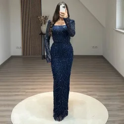 Sparkling Evening Dress Customized Square Neck Full Sleeves Beading  Sequined Sheath Pageant Party Gown Formal Prom Dresses