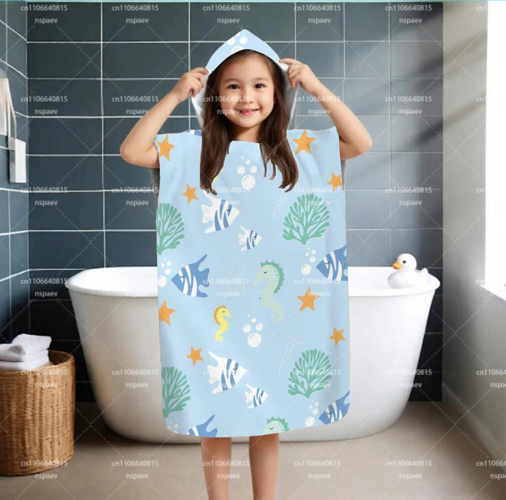 Kids Ocean Sea Animal Hooded Bathrobe, Quick Dry Wearable Towel Poncho for Beach Swim Pool Bath