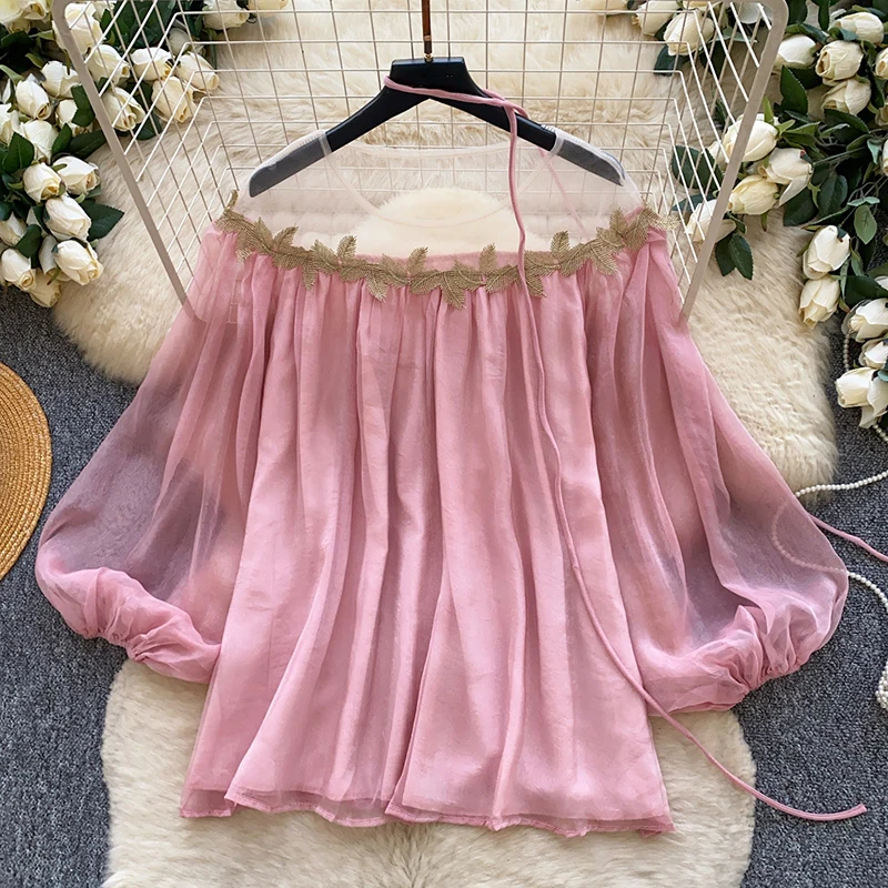 Women's Chiffon Blouse Sweet Floral Applique Mesh Patchwork Lantern Sleeve Spring Fall Loose Fit Elegant Versatile Top BL650