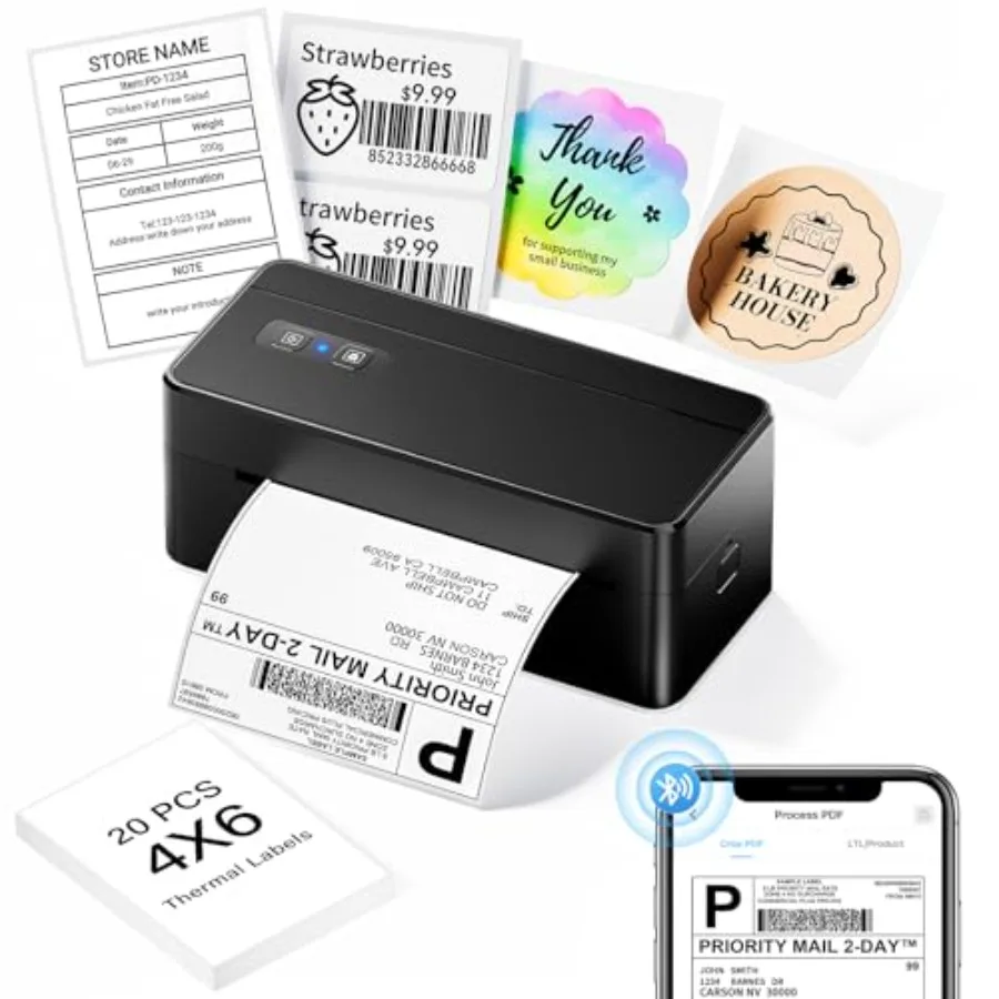

Принтер для печати этикеток с Bluetooth, термопринтер для малого бизнеса и отправки посылок, беспроводной термопринтер 4x6 дюймов