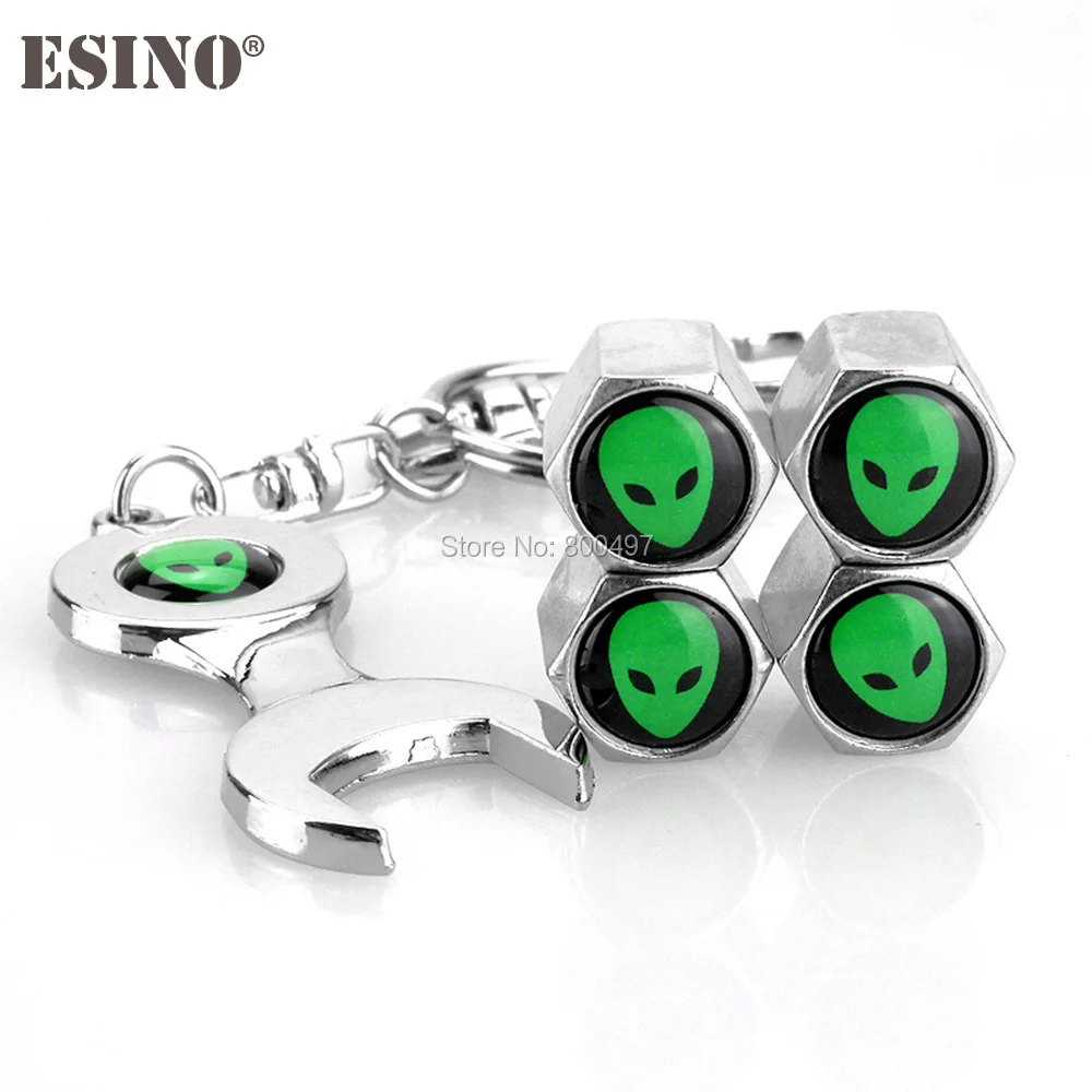 

4 x Car Styling Stainless Steel Zinc Alloy Wheel Tire Valve Stems Caps Cartoon Alien Universal Fit With Mini Wrench Key Chain