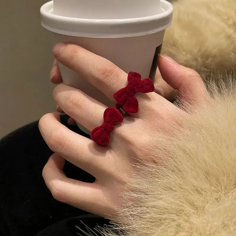 Fashion Cute Bow Flocked Open Adjustable Ring For Women Girls Engagement Party Travel Chic Matching Romantic Jewelry Accessories