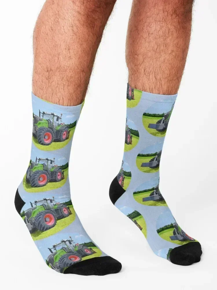 Green Tractor in Field (blue) Socks cute Stockings Wholesale winter gifts Socks Male Women's
